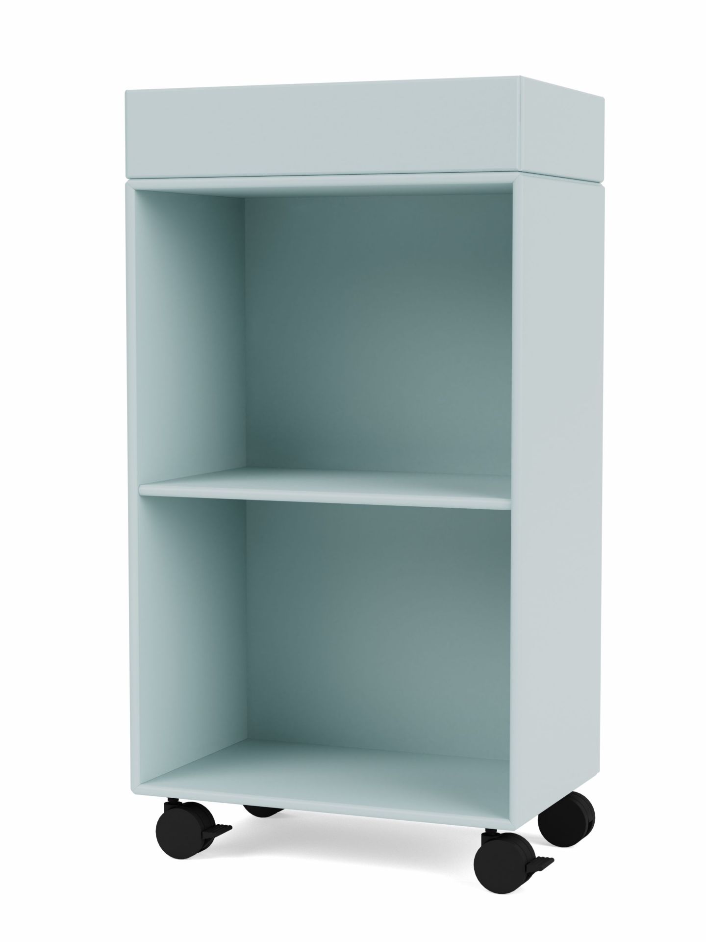 PREPPY Wagen Flint Montana: Blauer Rollwagen mit zwei Regalböden und schwarzen Rollen.